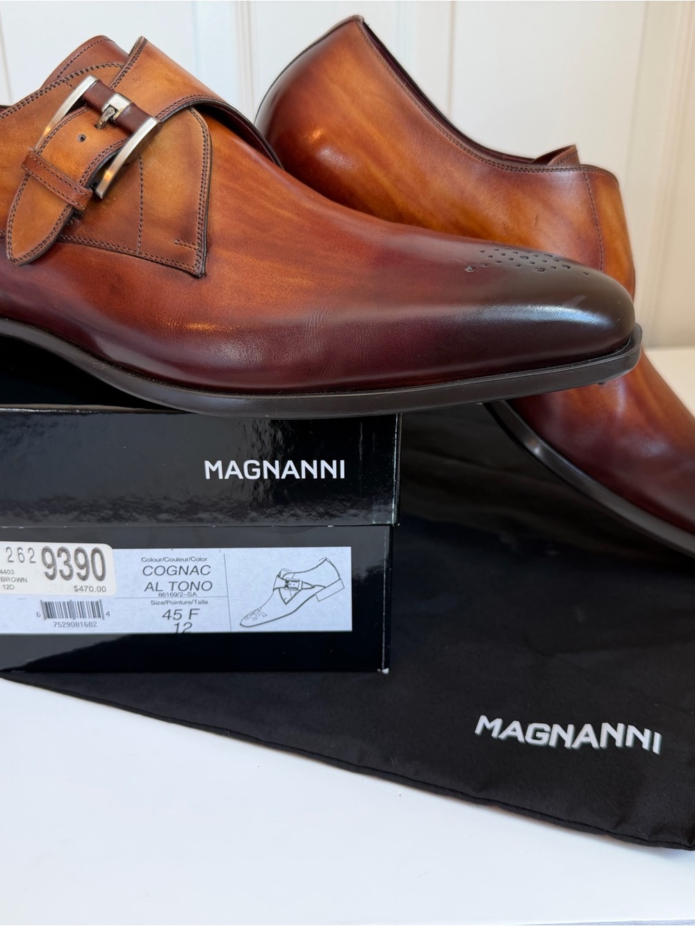 Magnanni Cognac Leather Dress Shoes 12 Hand Antiqued Finish, NIB